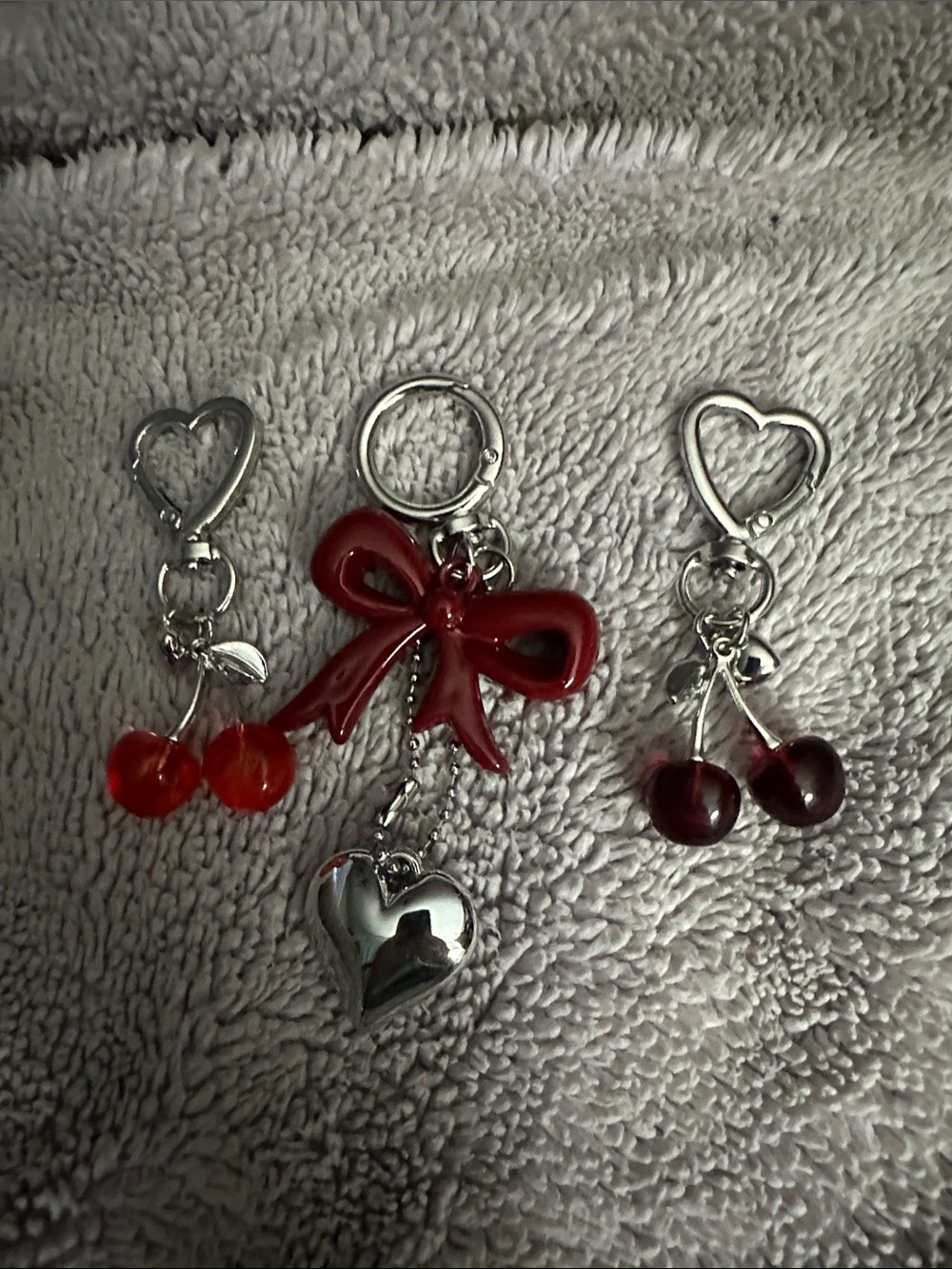 Red Bow & Heart Charm Keychain with Cherry Charms - Women Accessories